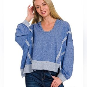 49 ❤️ ZENANA CONTRAST TRIM TOPSTITCHING SLIT RAW HEM
HOODIE